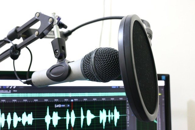 Ein professionelles Studiomikrofon mit Popschutz vor einem Monitor mit Audio-Wellenform.